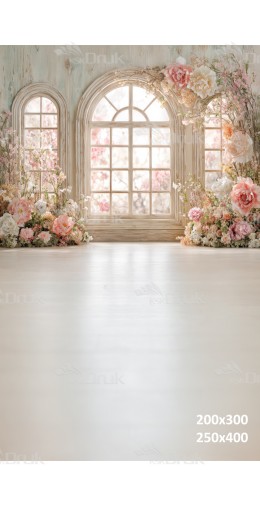 Tło fotograficzne „Romantyczne okna wśród pastelowych kwiatów” | E652